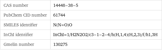 CAS number | 14448-38-5 PubChem CID number | 61744 SMILES identifier | N(N=O)O InChI identifier | InChI=1/H2N2O2/c3-1-2-4/h(H, 1, 4)(H, 2, 3)/f/h1, 3H Gmelin number | 130275