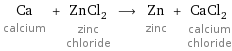 Ca calcium + ZnCl_2 zinc chloride ⟶ Zn zinc + CaCl_2 calcium chloride