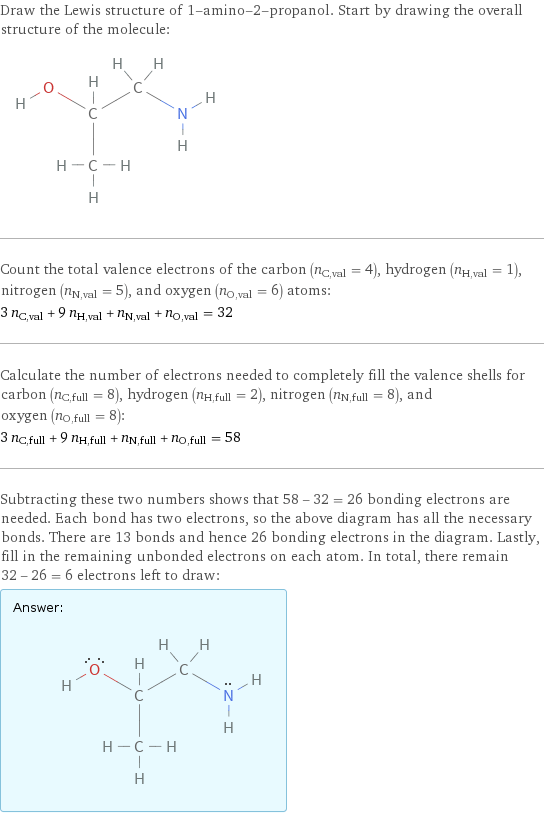 Draw the Lewis structure of 1-amino-2-propanol. Start by drawing the overall structure of the molecule:  Count the total valence electrons of the carbon (n_C, val = 4), hydrogen (n_H, val = 1), nitrogen (n_N, val = 5), and oxygen (n_O, val = 6) atoms: 3 n_C, val + 9 n_H, val + n_N, val + n_O, val = 32 Calculate the number of electrons needed to completely fill the valence shells for carbon (n_C, full = 8), hydrogen (n_H, full = 2), nitrogen (n_N, full = 8), and oxygen (n_O, full = 8): 3 n_C, full + 9 n_H, full + n_N, full + n_O, full = 58 Subtracting these two numbers shows that 58 - 32 = 26 bonding electrons are needed. Each bond has two electrons, so the above diagram has all the necessary bonds. There are 13 bonds and hence 26 bonding electrons in the diagram. Lastly, fill in the remaining unbonded electrons on each atom. In total, there remain 32 - 26 = 6 electrons left to draw: Answer: |   | 