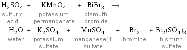 H_2SO_4 sulfuric acid + KMnO_4 potassium permanganate + BiBr_3 bismuth bromide ⟶ H_2O water + K_2SO_4 potassium sulfate + MnSO_4 manganese(II) sulfate + Br_2 bromine + Bi_2(SO_4)_3 bismuth sulfate