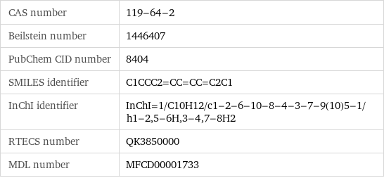 CAS number | 119-64-2 Beilstein number | 1446407 PubChem CID number | 8404 SMILES identifier | C1CCC2=CC=CC=C2C1 InChI identifier | InChI=1/C10H12/c1-2-6-10-8-4-3-7-9(10)5-1/h1-2, 5-6H, 3-4, 7-8H2 RTECS number | QK3850000 MDL number | MFCD00001733