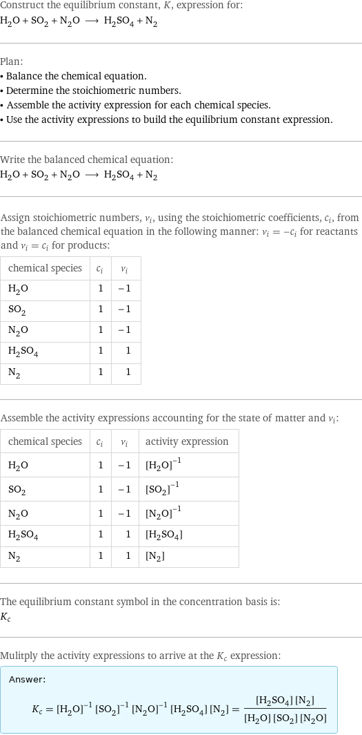 Construct the equilibrium constant, K, expression for: H_2O + SO_2 + N_2O ⟶ H_2SO_4 + N_2 Plan: • Balance the chemical equation. • Determine the stoichiometric numbers. • Assemble the activity expression for each chemical species. • Use the activity expressions to build the equilibrium constant expression. Write the balanced chemical equation: H_2O + SO_2 + N_2O ⟶ H_2SO_4 + N_2 Assign stoichiometric numbers, ν_i, using the stoichiometric coefficients, c_i, from the balanced chemical equation in the following manner: ν_i = -c_i for reactants and ν_i = c_i for products: chemical species | c_i | ν_i H_2O | 1 | -1 SO_2 | 1 | -1 N_2O | 1 | -1 H_2SO_4 | 1 | 1 N_2 | 1 | 1 Assemble the activity expressions accounting for the state of matter and ν_i: chemical species | c_i | ν_i | activity expression H_2O | 1 | -1 | ([H2O])^(-1) SO_2 | 1 | -1 | ([SO2])^(-1) N_2O | 1 | -1 | ([N2O])^(-1) H_2SO_4 | 1 | 1 | [H2SO4] N_2 | 1 | 1 | [N2] The equilibrium constant symbol in the concentration basis is: K_c Mulitply the activity expressions to arrive at the K_c expression: Answer: |   | K_c = ([H2O])^(-1) ([SO2])^(-1) ([N2O])^(-1) [H2SO4] [N2] = ([H2SO4] [N2])/([H2O] [SO2] [N2O])