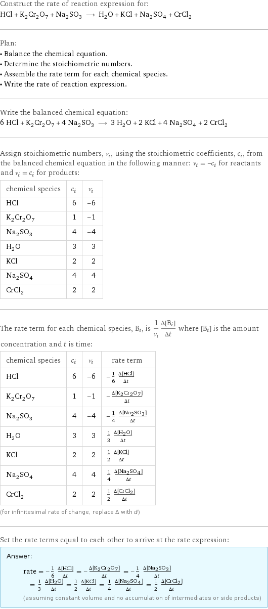 Construct the rate of reaction expression for: HCl + K_2Cr_2O_7 + Na_2SO_3 ⟶ H_2O + KCl + Na_2SO_4 + CrCl_2 Plan: • Balance the chemical equation. • Determine the stoichiometric numbers. • Assemble the rate term for each chemical species. • Write the rate of reaction expression. Write the balanced chemical equation: 6 HCl + K_2Cr_2O_7 + 4 Na_2SO_3 ⟶ 3 H_2O + 2 KCl + 4 Na_2SO_4 + 2 CrCl_2 Assign stoichiometric numbers, ν_i, using the stoichiometric coefficients, c_i, from the balanced chemical equation in the following manner: ν_i = -c_i for reactants and ν_i = c_i for products: chemical species | c_i | ν_i HCl | 6 | -6 K_2Cr_2O_7 | 1 | -1 Na_2SO_3 | 4 | -4 H_2O | 3 | 3 KCl | 2 | 2 Na_2SO_4 | 4 | 4 CrCl_2 | 2 | 2 The rate term for each chemical species, B_i, is 1/ν_i(Δ[B_i])/(Δt) where [B_i] is the amount concentration and t is time: chemical species | c_i | ν_i | rate term HCl | 6 | -6 | -1/6 (Δ[HCl])/(Δt) K_2Cr_2O_7 | 1 | -1 | -(Δ[K2Cr2O7])/(Δt) Na_2SO_3 | 4 | -4 | -1/4 (Δ[Na2SO3])/(Δt) H_2O | 3 | 3 | 1/3 (Δ[H2O])/(Δt) KCl | 2 | 2 | 1/2 (Δ[KCl])/(Δt) Na_2SO_4 | 4 | 4 | 1/4 (Δ[Na2SO4])/(Δt) CrCl_2 | 2 | 2 | 1/2 (Δ[CrCl2])/(Δt) (for infinitesimal rate of change, replace Δ with d) Set the rate terms equal to each other to arrive at the rate expression: Answer: |   | rate = -1/6 (Δ[HCl])/(Δt) = -(Δ[K2Cr2O7])/(Δt) = -1/4 (Δ[Na2SO3])/(Δt) = 1/3 (Δ[H2O])/(Δt) = 1/2 (Δ[KCl])/(Δt) = 1/4 (Δ[Na2SO4])/(Δt) = 1/2 (Δ[CrCl2])/(Δt) (assuming constant volume and no accumulation of intermediates or side products)