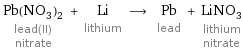 Pb(NO_3)_2 lead(II) nitrate + Li lithium ⟶ Pb lead + LiNO_3 lithium nitrate