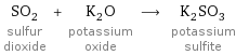 SO_2 sulfur dioxide + K_2O potassium oxide ⟶ K_2SO_3 potassium sulfite