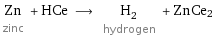 Zn zinc + HCe ⟶ H_2 hydrogen + ZnCe2