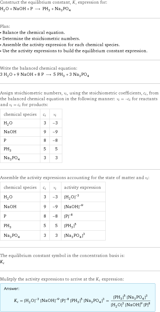 Construct the equilibrium constant, K, expression for: H_2O + NaOH + P ⟶ PH_3 + Na_3PO_4 Plan: • Balance the chemical equation. • Determine the stoichiometric numbers. • Assemble the activity expression for each chemical species. • Use the activity expressions to build the equilibrium constant expression. Write the balanced chemical equation: 3 H_2O + 9 NaOH + 8 P ⟶ 5 PH_3 + 3 Na_3PO_4 Assign stoichiometric numbers, ν_i, using the stoichiometric coefficients, c_i, from the balanced chemical equation in the following manner: ν_i = -c_i for reactants and ν_i = c_i for products: chemical species | c_i | ν_i H_2O | 3 | -3 NaOH | 9 | -9 P | 8 | -8 PH_3 | 5 | 5 Na_3PO_4 | 3 | 3 Assemble the activity expressions accounting for the state of matter and ν_i: chemical species | c_i | ν_i | activity expression H_2O | 3 | -3 | ([H2O])^(-3) NaOH | 9 | -9 | ([NaOH])^(-9) P | 8 | -8 | ([P])^(-8) PH_3 | 5 | 5 | ([PH3])^5 Na_3PO_4 | 3 | 3 | ([Na3PO4])^3 The equilibrium constant symbol in the concentration basis is: K_c Mulitply the activity expressions to arrive at the K_c expression: Answer: |   | K_c = ([H2O])^(-3) ([NaOH])^(-9) ([P])^(-8) ([PH3])^5 ([Na3PO4])^3 = (([PH3])^5 ([Na3PO4])^3)/(([H2O])^3 ([NaOH])^9 ([P])^8)