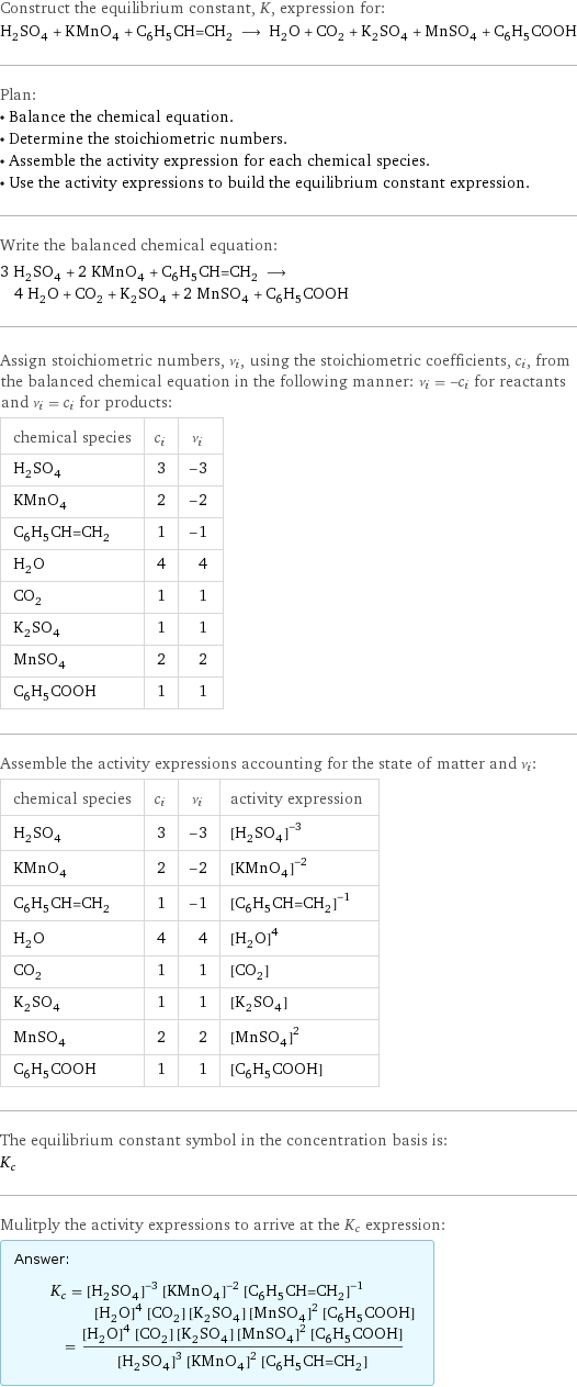 Construct the equilibrium constant, K, expression for: H_2SO_4 + KMnO_4 + C_6H_5CH=CH_2 ⟶ H_2O + CO_2 + K_2SO_4 + MnSO_4 + C_6H_5COOH Plan: • Balance the chemical equation. • Determine the stoichiometric numbers. • Assemble the activity expression for each chemical species. • Use the activity expressions to build the equilibrium constant expression. Write the balanced chemical equation: 3 H_2SO_4 + 2 KMnO_4 + C_6H_5CH=CH_2 ⟶ 4 H_2O + CO_2 + K_2SO_4 + 2 MnSO_4 + C_6H_5COOH Assign stoichiometric numbers, ν_i, using the stoichiometric coefficients, c_i, from the balanced chemical equation in the following manner: ν_i = -c_i for reactants and ν_i = c_i for products: chemical species | c_i | ν_i H_2SO_4 | 3 | -3 KMnO_4 | 2 | -2 C_6H_5CH=CH_2 | 1 | -1 H_2O | 4 | 4 CO_2 | 1 | 1 K_2SO_4 | 1 | 1 MnSO_4 | 2 | 2 C_6H_5COOH | 1 | 1 Assemble the activity expressions accounting for the state of matter and ν_i: chemical species | c_i | ν_i | activity expression H_2SO_4 | 3 | -3 | ([H2SO4])^(-3) KMnO_4 | 2 | -2 | ([KMnO4])^(-2) C_6H_5CH=CH_2 | 1 | -1 | ([C6H5CH=CH2])^(-1) H_2O | 4 | 4 | ([H2O])^4 CO_2 | 1 | 1 | [CO2] K_2SO_4 | 1 | 1 | [K2SO4] MnSO_4 | 2 | 2 | ([MnSO4])^2 C_6H_5COOH | 1 | 1 | [C6H5COOH] The equilibrium constant symbol in the concentration basis is: K_c Mulitply the activity expressions to arrive at the K_c expression: Answer: |   | K_c = ([H2SO4])^(-3) ([KMnO4])^(-2) ([C6H5CH=CH2])^(-1) ([H2O])^4 [CO2] [K2SO4] ([MnSO4])^2 [C6H5COOH] = (([H2O])^4 [CO2] [K2SO4] ([MnSO4])^2 [C6H5COOH])/(([H2SO4])^3 ([KMnO4])^2 [C6H5CH=CH2])