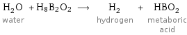 H_2O water + H8B2O2 ⟶ H_2 hydrogen + HBO_2 metaboric acid