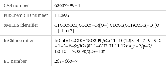 CAS number | 62637-99-4 PubChem CID number | 112896 SMILES identifier | C1CCC(CC1)CCCC(=O)[O-].C1CCC(CC1)CCCC(=O)[O-].[Pb+2] InChI identifier | InChI=1/2C10H18O2.Pb/c2*11-10(12)8-4-7-9-5-2-1-3-6-9;/h2*9H, 1-8H2, (H, 11, 12);/q;;+2/p-2/f2C10H17O2.Pb/q2*-1;m EU number | 263-663-7