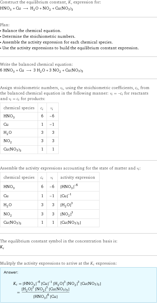 Construct the equilibrium constant, K, expression for: HNO_3 + Cu ⟶ H_2O + NO_2 + Cu(NO3)3 Plan: • Balance the chemical equation. • Determine the stoichiometric numbers. • Assemble the activity expression for each chemical species. • Use the activity expressions to build the equilibrium constant expression. Write the balanced chemical equation: 6 HNO_3 + Cu ⟶ 3 H_2O + 3 NO_2 + Cu(NO3)3 Assign stoichiometric numbers, ν_i, using the stoichiometric coefficients, c_i, from the balanced chemical equation in the following manner: ν_i = -c_i for reactants and ν_i = c_i for products: chemical species | c_i | ν_i HNO_3 | 6 | -6 Cu | 1 | -1 H_2O | 3 | 3 NO_2 | 3 | 3 Cu(NO3)3 | 1 | 1 Assemble the activity expressions accounting for the state of matter and ν_i: chemical species | c_i | ν_i | activity expression HNO_3 | 6 | -6 | ([HNO3])^(-6) Cu | 1 | -1 | ([Cu])^(-1) H_2O | 3 | 3 | ([H2O])^3 NO_2 | 3 | 3 | ([NO2])^3 Cu(NO3)3 | 1 | 1 | [Cu(NO3)3] The equilibrium constant symbol in the concentration basis is: K_c Mulitply the activity expressions to arrive at the K_c expression: Answer: |   | K_c = ([HNO3])^(-6) ([Cu])^(-1) ([H2O])^3 ([NO2])^3 [Cu(NO3)3] = (([H2O])^3 ([NO2])^3 [Cu(NO3)3])/(([HNO3])^6 [Cu])