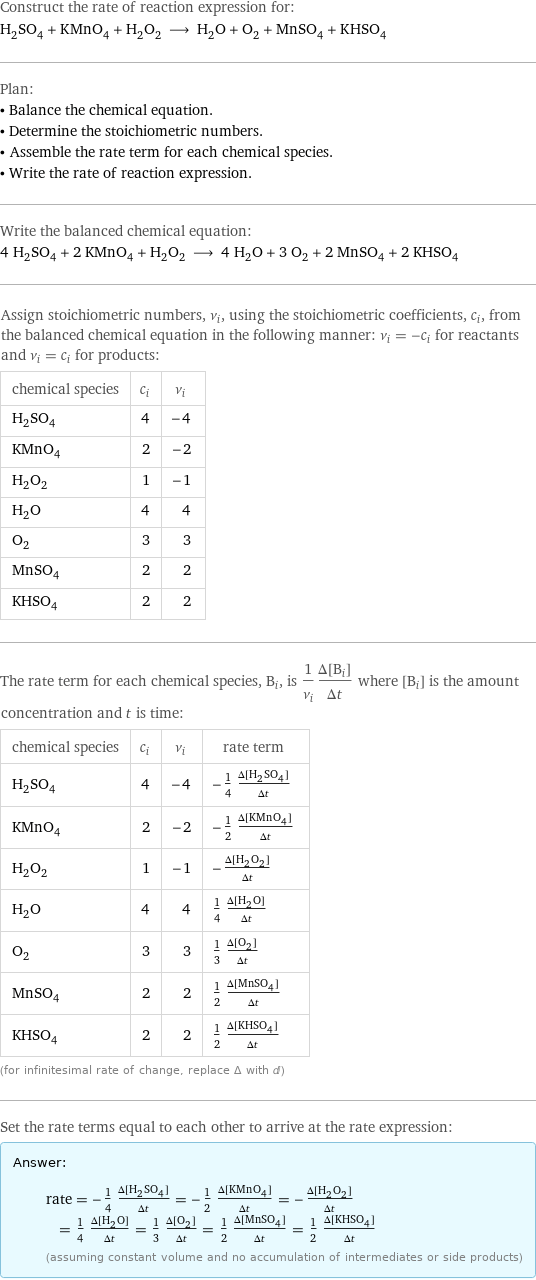 Construct the rate of reaction expression for: H_2SO_4 + KMnO_4 + H_2O_2 ⟶ H_2O + O_2 + MnSO_4 + KHSO_4 Plan: • Balance the chemical equation. • Determine the stoichiometric numbers. • Assemble the rate term for each chemical species. • Write the rate of reaction expression. Write the balanced chemical equation: 4 H_2SO_4 + 2 KMnO_4 + H_2O_2 ⟶ 4 H_2O + 3 O_2 + 2 MnSO_4 + 2 KHSO_4 Assign stoichiometric numbers, ν_i, using the stoichiometric coefficients, c_i, from the balanced chemical equation in the following manner: ν_i = -c_i for reactants and ν_i = c_i for products: chemical species | c_i | ν_i H_2SO_4 | 4 | -4 KMnO_4 | 2 | -2 H_2O_2 | 1 | -1 H_2O | 4 | 4 O_2 | 3 | 3 MnSO_4 | 2 | 2 KHSO_4 | 2 | 2 The rate term for each chemical species, B_i, is 1/ν_i(Δ[B_i])/(Δt) where [B_i] is the amount concentration and t is time: chemical species | c_i | ν_i | rate term H_2SO_4 | 4 | -4 | -1/4 (Δ[H2SO4])/(Δt) KMnO_4 | 2 | -2 | -1/2 (Δ[KMnO4])/(Δt) H_2O_2 | 1 | -1 | -(Δ[H2O2])/(Δt) H_2O | 4 | 4 | 1/4 (Δ[H2O])/(Δt) O_2 | 3 | 3 | 1/3 (Δ[O2])/(Δt) MnSO_4 | 2 | 2 | 1/2 (Δ[MnSO4])/(Δt) KHSO_4 | 2 | 2 | 1/2 (Δ[KHSO4])/(Δt) (for infinitesimal rate of change, replace Δ with d) Set the rate terms equal to each other to arrive at the rate expression: Answer: |   | rate = -1/4 (Δ[H2SO4])/(Δt) = -1/2 (Δ[KMnO4])/(Δt) = -(Δ[H2O2])/(Δt) = 1/4 (Δ[H2O])/(Δt) = 1/3 (Δ[O2])/(Δt) = 1/2 (Δ[MnSO4])/(Δt) = 1/2 (Δ[KHSO4])/(Δt) (assuming constant volume and no accumulation of intermediates or side products)