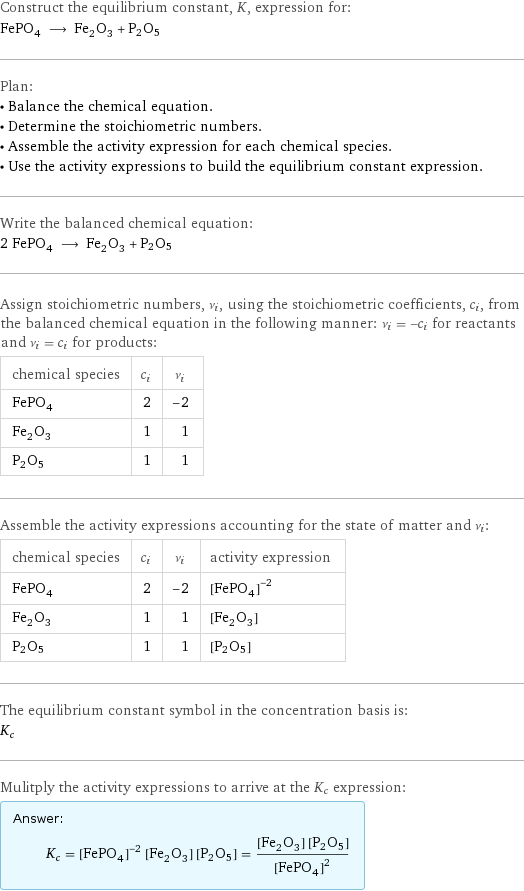 Construct the equilibrium constant, K, expression for: FePO_4 ⟶ Fe_2O_3 + P2O5 Plan: • Balance the chemical equation. • Determine the stoichiometric numbers. • Assemble the activity expression for each chemical species. • Use the activity expressions to build the equilibrium constant expression. Write the balanced chemical equation: 2 FePO_4 ⟶ Fe_2O_3 + P2O5 Assign stoichiometric numbers, ν_i, using the stoichiometric coefficients, c_i, from the balanced chemical equation in the following manner: ν_i = -c_i for reactants and ν_i = c_i for products: chemical species | c_i | ν_i FePO_4 | 2 | -2 Fe_2O_3 | 1 | 1 P2O5 | 1 | 1 Assemble the activity expressions accounting for the state of matter and ν_i: chemical species | c_i | ν_i | activity expression FePO_4 | 2 | -2 | ([FePO4])^(-2) Fe_2O_3 | 1 | 1 | [Fe2O3] P2O5 | 1 | 1 | [P2O5] The equilibrium constant symbol in the concentration basis is: K_c Mulitply the activity expressions to arrive at the K_c expression: Answer: |   | K_c = ([FePO4])^(-2) [Fe2O3] [P2O5] = ([Fe2O3] [P2O5])/([FePO4])^2