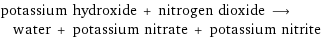 potassium hydroxide + nitrogen dioxide ⟶ water + potassium nitrate + potassium nitrite