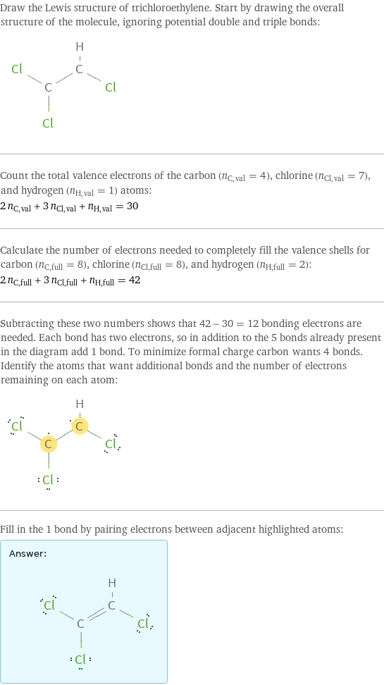 Draw the Lewis structure of trichloroethylene. Start by drawing the overall structure of the molecule, ignoring potential double and triple bonds:  Count the total valence electrons of the carbon (n_C, val = 4), chlorine (n_Cl, val = 7), and hydrogen (n_H, val = 1) atoms: 2 n_C, val + 3 n_Cl, val + n_H, val = 30 Calculate the number of electrons needed to completely fill the valence shells for carbon (n_C, full = 8), chlorine (n_Cl, full = 8), and hydrogen (n_H, full = 2): 2 n_C, full + 3 n_Cl, full + n_H, full = 42 Subtracting these two numbers shows that 42 - 30 = 12 bonding electrons are needed. Each bond has two electrons, so in addition to the 5 bonds already present in the diagram add 1 bond. To minimize formal charge carbon wants 4 bonds. Identify the atoms that want additional bonds and the number of electrons remaining on each atom:  Fill in the 1 bond by pairing electrons between adjacent highlighted atoms: Answer: |   | 