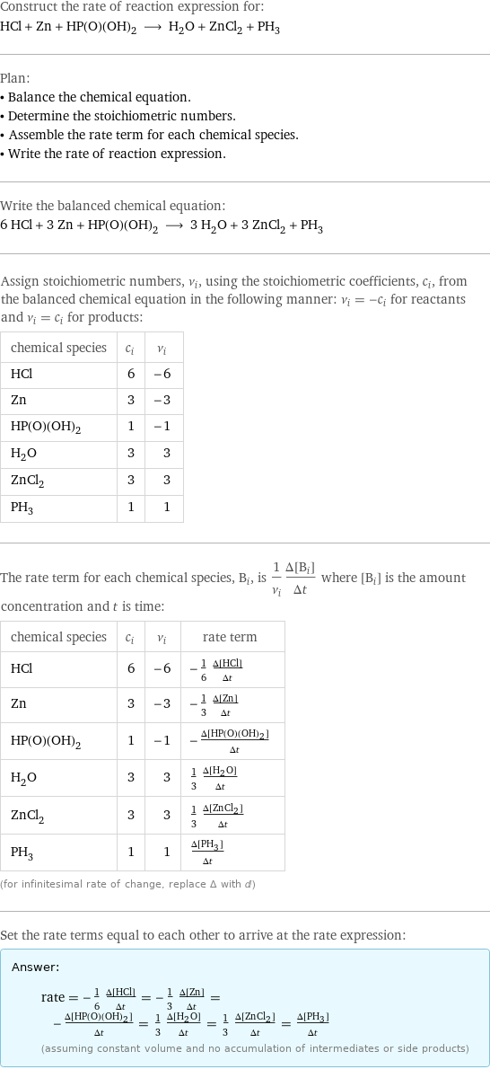 Construct the rate of reaction expression for: HCl + Zn + HP(O)(OH)_2 ⟶ H_2O + ZnCl_2 + PH_3 Plan: • Balance the chemical equation. • Determine the stoichiometric numbers. • Assemble the rate term for each chemical species. • Write the rate of reaction expression. Write the balanced chemical equation: 6 HCl + 3 Zn + HP(O)(OH)_2 ⟶ 3 H_2O + 3 ZnCl_2 + PH_3 Assign stoichiometric numbers, ν_i, using the stoichiometric coefficients, c_i, from the balanced chemical equation in the following manner: ν_i = -c_i for reactants and ν_i = c_i for products: chemical species | c_i | ν_i HCl | 6 | -6 Zn | 3 | -3 HP(O)(OH)_2 | 1 | -1 H_2O | 3 | 3 ZnCl_2 | 3 | 3 PH_3 | 1 | 1 The rate term for each chemical species, B_i, is 1/ν_i(Δ[B_i])/(Δt) where [B_i] is the amount concentration and t is time: chemical species | c_i | ν_i | rate term HCl | 6 | -6 | -1/6 (Δ[HCl])/(Δt) Zn | 3 | -3 | -1/3 (Δ[Zn])/(Δt) HP(O)(OH)_2 | 1 | -1 | -(Δ[HP(O)(OH)2])/(Δt) H_2O | 3 | 3 | 1/3 (Δ[H2O])/(Δt) ZnCl_2 | 3 | 3 | 1/3 (Δ[ZnCl2])/(Δt) PH_3 | 1 | 1 | (Δ[PH3])/(Δt) (for infinitesimal rate of change, replace Δ with d) Set the rate terms equal to each other to arrive at the rate expression: Answer: |   | rate = -1/6 (Δ[HCl])/(Δt) = -1/3 (Δ[Zn])/(Δt) = -(Δ[HP(O)(OH)2])/(Δt) = 1/3 (Δ[H2O])/(Δt) = 1/3 (Δ[ZnCl2])/(Δt) = (Δ[PH3])/(Δt) (assuming constant volume and no accumulation of intermediates or side products)