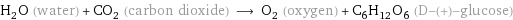 H_2O (water) + CO_2 (carbon dioxide) ⟶ O_2 (oxygen) + C_6H_12O_6 (D-(+)-glucose)