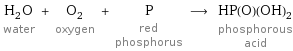 H_2O water + O_2 oxygen + P red phosphorus ⟶ HP(O)(OH)_2 phosphorous acid