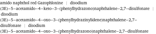 amido naphthol red Gazophloxine | disodium (3E)-5-acetamido-4-keto-3-(phenylhydrazono)naphthalene-2, 7-disulfonate | disodium (3E)-5-acetamido-4-oxo-3-(phenylhydrazinylidene)naphthalene-2, 7-disulfonate | disodium (3E)-5-acetamido-4-oxo-3-(phenylhydrazono)naphthalene-2, 7-disulfonate