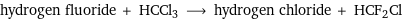 hydrogen fluoride + HCCl3 ⟶ hydrogen chloride + HCF2Cl