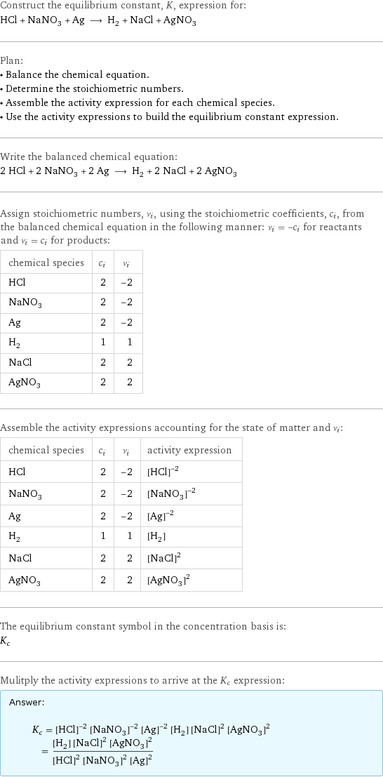 Construct the equilibrium constant, K, expression for: HCl + NaNO_3 + Ag ⟶ H_2 + NaCl + AgNO_3 Plan: • Balance the chemical equation. • Determine the stoichiometric numbers. • Assemble the activity expression for each chemical species. • Use the activity expressions to build the equilibrium constant expression. Write the balanced chemical equation: 2 HCl + 2 NaNO_3 + 2 Ag ⟶ H_2 + 2 NaCl + 2 AgNO_3 Assign stoichiometric numbers, ν_i, using the stoichiometric coefficients, c_i, from the balanced chemical equation in the following manner: ν_i = -c_i for reactants and ν_i = c_i for products: chemical species | c_i | ν_i HCl | 2 | -2 NaNO_3 | 2 | -2 Ag | 2 | -2 H_2 | 1 | 1 NaCl | 2 | 2 AgNO_3 | 2 | 2 Assemble the activity expressions accounting for the state of matter and ν_i: chemical species | c_i | ν_i | activity expression HCl | 2 | -2 | ([HCl])^(-2) NaNO_3 | 2 | -2 | ([NaNO3])^(-2) Ag | 2 | -2 | ([Ag])^(-2) H_2 | 1 | 1 | [H2] NaCl | 2 | 2 | ([NaCl])^2 AgNO_3 | 2 | 2 | ([AgNO3])^2 The equilibrium constant symbol in the concentration basis is: K_c Mulitply the activity expressions to arrive at the K_c expression: Answer: |   | K_c = ([HCl])^(-2) ([NaNO3])^(-2) ([Ag])^(-2) [H2] ([NaCl])^2 ([AgNO3])^2 = ([H2] ([NaCl])^2 ([AgNO3])^2)/(([HCl])^2 ([NaNO3])^2 ([Ag])^2)