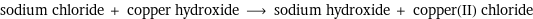 sodium chloride + copper hydroxide ⟶ sodium hydroxide + copper(II) chloride