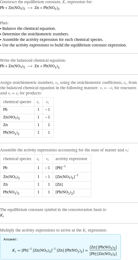 Construct the equilibrium constant, K, expression for: Pb + Zn(NO3)2 ⟶ Zn + Pb(NO_3)_2 Plan: • Balance the chemical equation. • Determine the stoichiometric numbers. • Assemble the activity expression for each chemical species. • Use the activity expressions to build the equilibrium constant expression. Write the balanced chemical equation: Pb + Zn(NO3)2 ⟶ Zn + Pb(NO_3)_2 Assign stoichiometric numbers, ν_i, using the stoichiometric coefficients, c_i, from the balanced chemical equation in the following manner: ν_i = -c_i for reactants and ν_i = c_i for products: chemical species | c_i | ν_i Pb | 1 | -1 Zn(NO3)2 | 1 | -1 Zn | 1 | 1 Pb(NO_3)_2 | 1 | 1 Assemble the activity expressions accounting for the state of matter and ν_i: chemical species | c_i | ν_i | activity expression Pb | 1 | -1 | ([Pb])^(-1) Zn(NO3)2 | 1 | -1 | ([Zn(NO3)2])^(-1) Zn | 1 | 1 | [Zn] Pb(NO_3)_2 | 1 | 1 | [Pb(NO3)2] The equilibrium constant symbol in the concentration basis is: K_c Mulitply the activity expressions to arrive at the K_c expression: Answer: |   | K_c = ([Pb])^(-1) ([Zn(NO3)2])^(-1) [Zn] [Pb(NO3)2] = ([Zn] [Pb(NO3)2])/([Pb] [Zn(NO3)2])