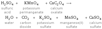 H_2SO_4 sulfuric acid + KMnO_4 potassium permanganate + CaC_2O_4 calcium oxalate ⟶ H_2O water + CO_2 carbon dioxide + K_2SO_4 potassium sulfate + MnSO_4 manganese(II) sulfate + CaSO_4 calcium sulfate