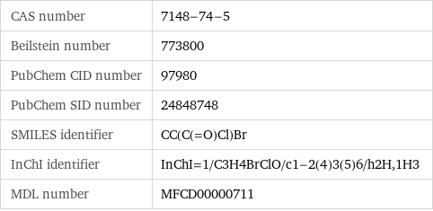 CAS number | 7148-74-5 Beilstein number | 773800 PubChem CID number | 97980 PubChem SID number | 24848748 SMILES identifier | CC(C(=O)Cl)Br InChI identifier | InChI=1/C3H4BrClO/c1-2(4)3(5)6/h2H, 1H3 MDL number | MFCD00000711