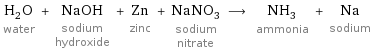 H_2O water + NaOH sodium hydroxide + Zn zinc + NaNO_3 sodium nitrate ⟶ NH_3 ammonia + Na sodium