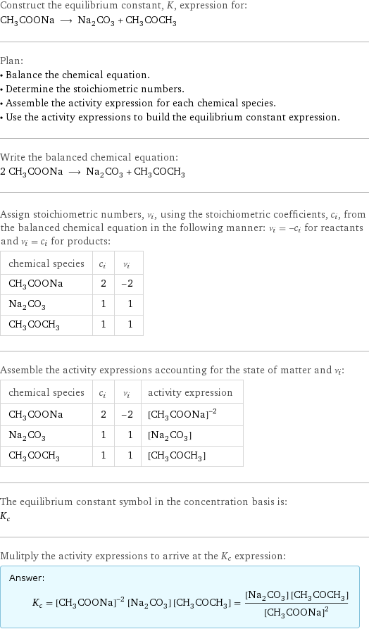 Construct the equilibrium constant, K, expression for: CH_3COONa ⟶ Na_2CO_3 + CH_3COCH_3 Plan: • Balance the chemical equation. • Determine the stoichiometric numbers. • Assemble the activity expression for each chemical species. • Use the activity expressions to build the equilibrium constant expression. Write the balanced chemical equation: 2 CH_3COONa ⟶ Na_2CO_3 + CH_3COCH_3 Assign stoichiometric numbers, ν_i, using the stoichiometric coefficients, c_i, from the balanced chemical equation in the following manner: ν_i = -c_i for reactants and ν_i = c_i for products: chemical species | c_i | ν_i CH_3COONa | 2 | -2 Na_2CO_3 | 1 | 1 CH_3COCH_3 | 1 | 1 Assemble the activity expressions accounting for the state of matter and ν_i: chemical species | c_i | ν_i | activity expression CH_3COONa | 2 | -2 | ([CH3COONa])^(-2) Na_2CO_3 | 1 | 1 | [Na2CO3] CH_3COCH_3 | 1 | 1 | [CH3COCH3] The equilibrium constant symbol in the concentration basis is: K_c Mulitply the activity expressions to arrive at the K_c expression: Answer: |   | K_c = ([CH3COONa])^(-2) [Na2CO3] [CH3COCH3] = ([Na2CO3] [CH3COCH3])/([CH3COONa])^2