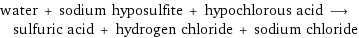 water + sodium hyposulfite + hypochlorous acid ⟶ sulfuric acid + hydrogen chloride + sodium chloride