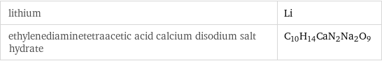 lithium | Li ethylenediaminetetraacetic acid calcium disodium salt hydrate | C_10H_14CaN_2Na_2O_9