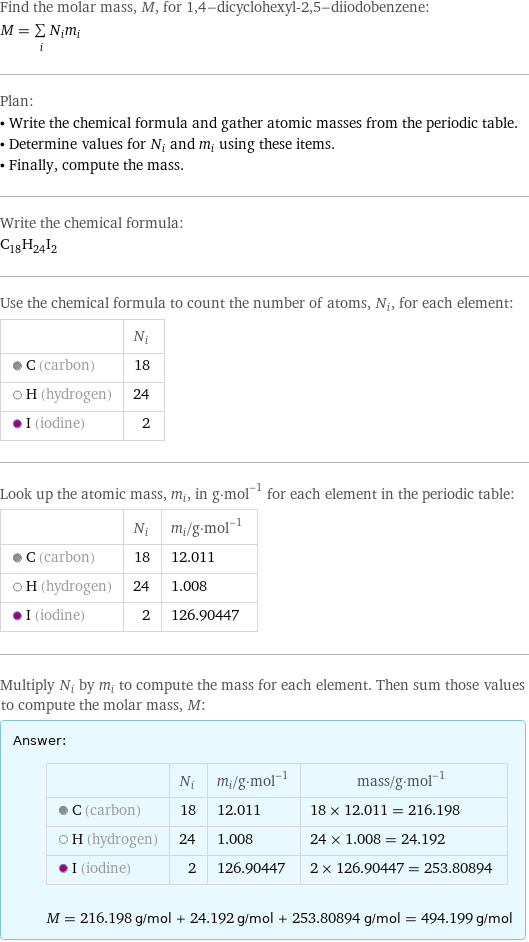 Find the molar mass, M, for 1, 4-dicyclohexyl-2, 5-diiodobenzene: M = sum _iN_im_i Plan: • Write the chemical formula and gather atomic masses from the periodic table. • Determine values for N_i and m_i using these items. • Finally, compute the mass. Write the chemical formula: C_18H_24I_2 Use the chemical formula to count the number of atoms, N_i, for each element:  | N_i  C (carbon) | 18  H (hydrogen) | 24  I (iodine) | 2 Look up the atomic mass, m_i, in g·mol^(-1) for each element in the periodic table:  | N_i | m_i/g·mol^(-1)  C (carbon) | 18 | 12.011  H (hydrogen) | 24 | 1.008  I (iodine) | 2 | 126.90447 Multiply N_i by m_i to compute the mass for each element. Then sum those values to compute the molar mass, M: Answer: |   | | N_i | m_i/g·mol^(-1) | mass/g·mol^(-1)  C (carbon) | 18 | 12.011 | 18 × 12.011 = 216.198  H (hydrogen) | 24 | 1.008 | 24 × 1.008 = 24.192  I (iodine) | 2 | 126.90447 | 2 × 126.90447 = 253.80894  M = 216.198 g/mol + 24.192 g/mol + 253.80894 g/mol = 494.199 g/mol