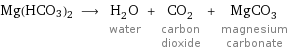 Mg(HCO3)2 ⟶ H_2O water + CO_2 carbon dioxide + MgCO_3 magnesium carbonate