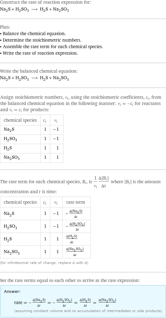 Construct the rate of reaction expression for: Na_2S + H_2SO_3 ⟶ H_2S + Na_2SO_3 Plan: • Balance the chemical equation. • Determine the stoichiometric numbers. • Assemble the rate term for each chemical species. • Write the rate of reaction expression. Write the balanced chemical equation: Na_2S + H_2SO_3 ⟶ H_2S + Na_2SO_3 Assign stoichiometric numbers, ν_i, using the stoichiometric coefficients, c_i, from the balanced chemical equation in the following manner: ν_i = -c_i for reactants and ν_i = c_i for products: chemical species | c_i | ν_i Na_2S | 1 | -1 H_2SO_3 | 1 | -1 H_2S | 1 | 1 Na_2SO_3 | 1 | 1 The rate term for each chemical species, B_i, is 1/ν_i(Δ[B_i])/(Δt) where [B_i] is the amount concentration and t is time: chemical species | c_i | ν_i | rate term Na_2S | 1 | -1 | -(Δ[Na2S])/(Δt) H_2SO_3 | 1 | -1 | -(Δ[H2SO3])/(Δt) H_2S | 1 | 1 | (Δ[H2S])/(Δt) Na_2SO_3 | 1 | 1 | (Δ[Na2SO3])/(Δt) (for infinitesimal rate of change, replace Δ with d) Set the rate terms equal to each other to arrive at the rate expression: Answer: |   | rate = -(Δ[Na2S])/(Δt) = -(Δ[H2SO3])/(Δt) = (Δ[H2S])/(Δt) = (Δ[Na2SO3])/(Δt) (assuming constant volume and no accumulation of intermediates or side products)