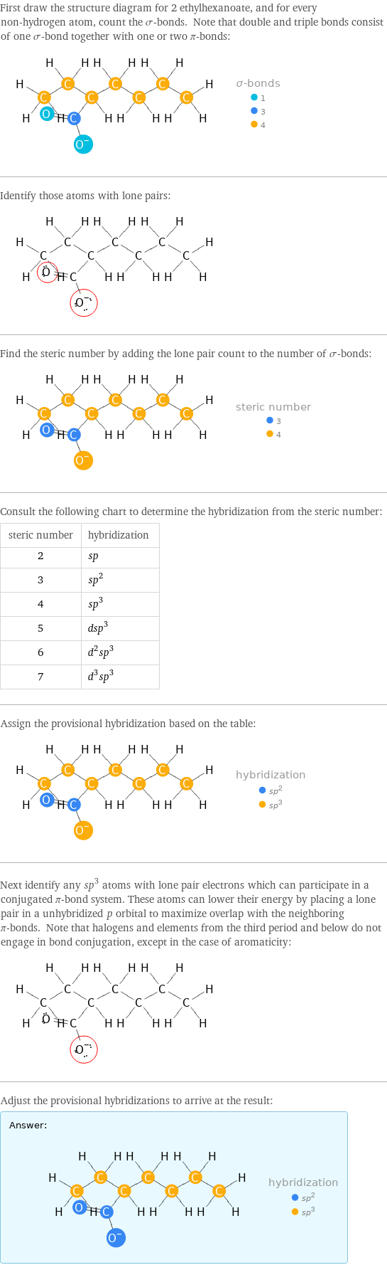 First draw the structure diagram for 2 ethylhexanoate, and for every non-hydrogen atom, count the σ-bonds. Note that double and triple bonds consist of one σ-bond together with one or two π-bonds:  Identify those atoms with lone pairs:  Find the steric number by adding the lone pair count to the number of σ-bonds:  Consult the following chart to determine the hybridization from the steric number: steric number | hybridization 2 | sp 3 | sp^2 4 | sp^3 5 | dsp^3 6 | d^2sp^3 7 | d^3sp^3 Assign the provisional hybridization based on the table:  Next identify any sp^3 atoms with lone pair electrons which can participate in a conjugated π-bond system. These atoms can lower their energy by placing a lone pair in a unhybridized p orbital to maximize overlap with the neighboring π-bonds. Note that halogens and elements from the third period and below do not engage in bond conjugation, except in the case of aromaticity:  Adjust the provisional hybridizations to arrive at the result: Answer: |   | 