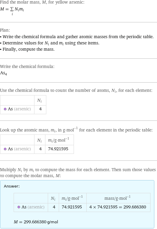 Find the molar mass, M, for yellow arsenic: M = sum _iN_im_i Plan: • Write the chemical formula and gather atomic masses from the periodic table. • Determine values for N_i and m_i using these items. • Finally, compute the mass. Write the chemical formula: As_4 Use the chemical formula to count the number of atoms, N_i, for each element:  | N_i  As (arsenic) | 4 Look up the atomic mass, m_i, in g·mol^(-1) for each element in the periodic table:  | N_i | m_i/g·mol^(-1)  As (arsenic) | 4 | 74.921595 Multiply N_i by m_i to compute the mass for each element. Then sum those values to compute the molar mass, M: Answer: |   | | N_i | m_i/g·mol^(-1) | mass/g·mol^(-1)  As (arsenic) | 4 | 74.921595 | 4 × 74.921595 = 299.686380  M = 299.686380 g/mol