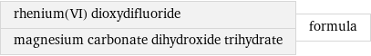 rhenium(VI) dioxydifluoride magnesium carbonate dihydroxide trihydrate | formula