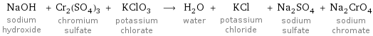 NaOH sodium hydroxide + Cr_2(SO_4)_3 chromium sulfate + KClO_3 potassium chlorate ⟶ H_2O water + KCl potassium chloride + Na_2SO_4 sodium sulfate + Na_2CrO_4 sodium chromate