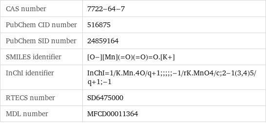 CAS number | 7722-64-7 PubChem CID number | 516875 PubChem SID number | 24859164 SMILES identifier | [O-][Mn](=O)(=O)=O.[K+] InChI identifier | InChI=1/K.Mn.4O/q+1;;;;;-1/rK.MnO4/c;2-1(3, 4)5/q+1;-1 RTECS number | SD6475000 MDL number | MFCD00011364