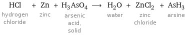 HCl hydrogen chloride + Zn zinc + H_3AsO_4 arsenic acid, solid ⟶ H_2O water + ZnCl_2 zinc chloride + AsH_3 arsine