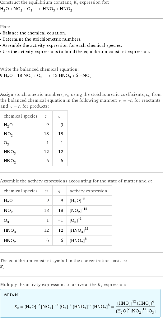 Construct the equilibrium constant, K, expression for: H_2O + NO_2 + O_3 ⟶ HNO_3 + HNO_2 Plan: • Balance the chemical equation. • Determine the stoichiometric numbers. • Assemble the activity expression for each chemical species. • Use the activity expressions to build the equilibrium constant expression. Write the balanced chemical equation: 9 H_2O + 18 NO_2 + O_3 ⟶ 12 HNO_3 + 6 HNO_2 Assign stoichiometric numbers, ν_i, using the stoichiometric coefficients, c_i, from the balanced chemical equation in the following manner: ν_i = -c_i for reactants and ν_i = c_i for products: chemical species | c_i | ν_i H_2O | 9 | -9 NO_2 | 18 | -18 O_3 | 1 | -1 HNO_3 | 12 | 12 HNO_2 | 6 | 6 Assemble the activity expressions accounting for the state of matter and ν_i: chemical species | c_i | ν_i | activity expression H_2O | 9 | -9 | ([H2O])^(-9) NO_2 | 18 | -18 | ([NO2])^(-18) O_3 | 1 | -1 | ([O3])^(-1) HNO_3 | 12 | 12 | ([HNO3])^12 HNO_2 | 6 | 6 | ([HNO2])^6 The equilibrium constant symbol in the concentration basis is: K_c Mulitply the activity expressions to arrive at the K_c expression: Answer: |   | K_c = ([H2O])^(-9) ([NO2])^(-18) ([O3])^(-1) ([HNO3])^12 ([HNO2])^6 = (([HNO3])^12 ([HNO2])^6)/(([H2O])^9 ([NO2])^18 [O3])