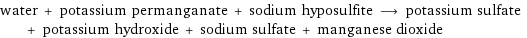 water + potassium permanganate + sodium hyposulfite ⟶ potassium sulfate + potassium hydroxide + sodium sulfate + manganese dioxide