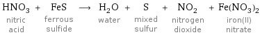 HNO_3 nitric acid + FeS ferrous sulfide ⟶ H_2O water + S mixed sulfur + NO_2 nitrogen dioxide + Fe(NO_3)_2 iron(II) nitrate