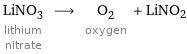 LiNO_3 lithium nitrate ⟶ O_2 oxygen + LiNO2