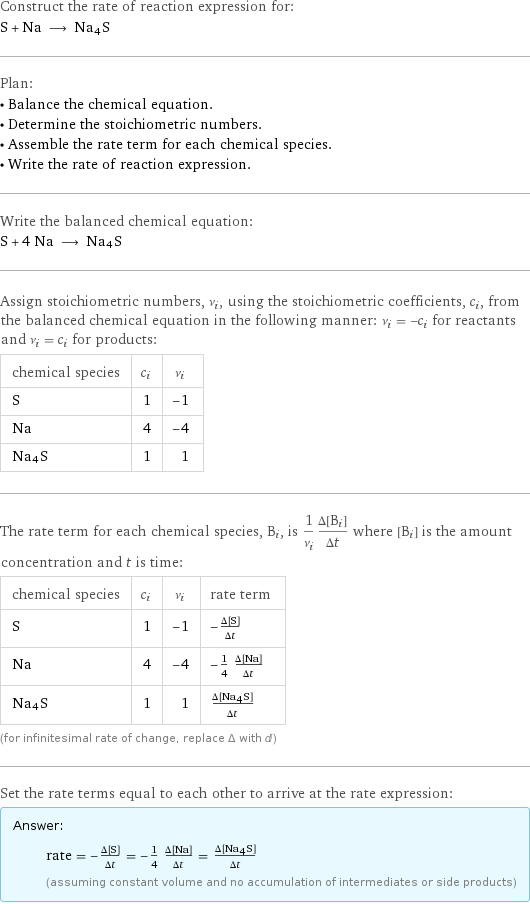 Construct the rate of reaction expression for: S + Na ⟶ Na4S Plan: • Balance the chemical equation. • Determine the stoichiometric numbers. • Assemble the rate term for each chemical species. • Write the rate of reaction expression. Write the balanced chemical equation: S + 4 Na ⟶ Na4S Assign stoichiometric numbers, ν_i, using the stoichiometric coefficients, c_i, from the balanced chemical equation in the following manner: ν_i = -c_i for reactants and ν_i = c_i for products: chemical species | c_i | ν_i S | 1 | -1 Na | 4 | -4 Na4S | 1 | 1 The rate term for each chemical species, B_i, is 1/ν_i(Δ[B_i])/(Δt) where [B_i] is the amount concentration and t is time: chemical species | c_i | ν_i | rate term S | 1 | -1 | -(Δ[S])/(Δt) Na | 4 | -4 | -1/4 (Δ[Na])/(Δt) Na4S | 1 | 1 | (Δ[Na4S])/(Δt) (for infinitesimal rate of change, replace Δ with d) Set the rate terms equal to each other to arrive at the rate expression: Answer: |   | rate = -(Δ[S])/(Δt) = -1/4 (Δ[Na])/(Δt) = (Δ[Na4S])/(Δt) (assuming constant volume and no accumulation of intermediates or side products)