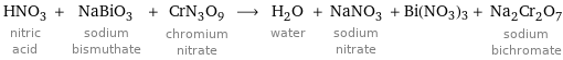 HNO_3 nitric acid + NaBiO_3 sodium bismuthate + CrN_3O_9 chromium nitrate ⟶ H_2O water + NaNO_3 sodium nitrate + Bi(NO3)3 + Na_2Cr_2O_7 sodium bichromate