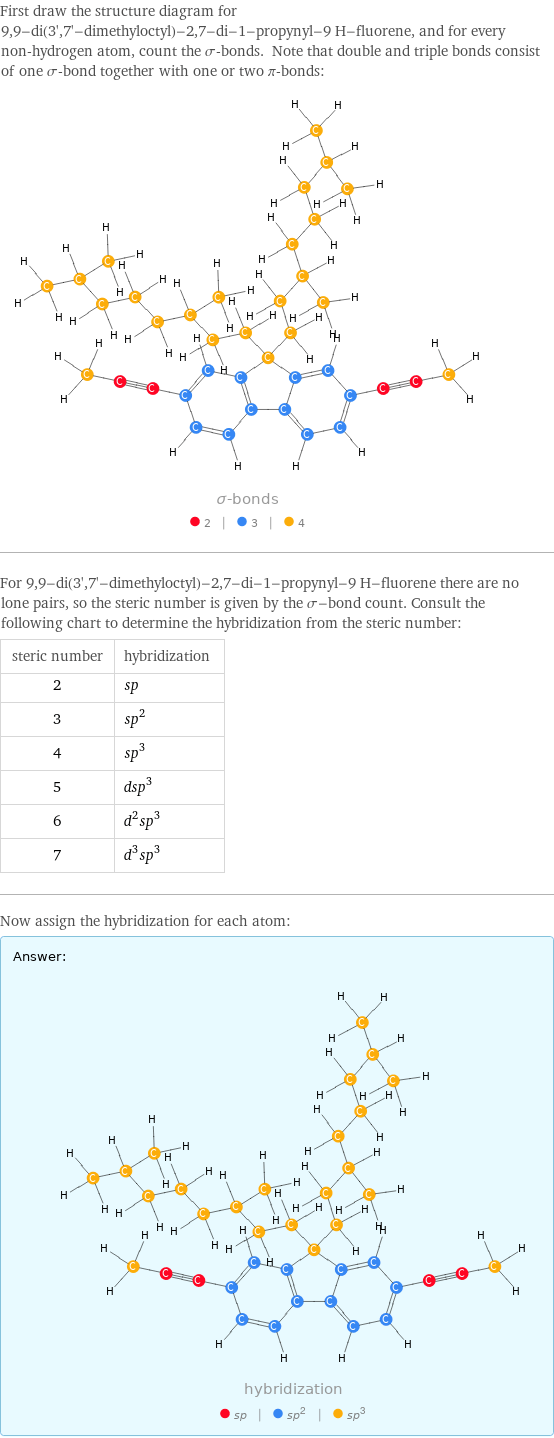 First draw the structure diagram for 9, 9-di(3', 7'-dimethyloctyl)-2, 7-di-1-propynyl-9 H-fluorene, and for every non-hydrogen atom, count the σ-bonds. Note that double and triple bonds consist of one σ-bond together with one or two π-bonds:  For 9, 9-di(3', 7'-dimethyloctyl)-2, 7-di-1-propynyl-9 H-fluorene there are no lone pairs, so the steric number is given by the σ-bond count. Consult the following chart to determine the hybridization from the steric number: steric number | hybridization 2 | sp 3 | sp^2 4 | sp^3 5 | dsp^3 6 | d^2sp^3 7 | d^3sp^3 Now assign the hybridization for each atom: Answer: |   | 