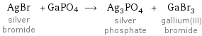 AgBr silver bromide + GaPO4 ⟶ Ag_3PO_4 silver phosphate + GaBr_3 gallium(III) bromide